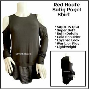 #T92 RED HAUTE COLD SHOULDER SILK SHIRTTAIL PANEL LONG SLEEVE SHIRT SZ M $89